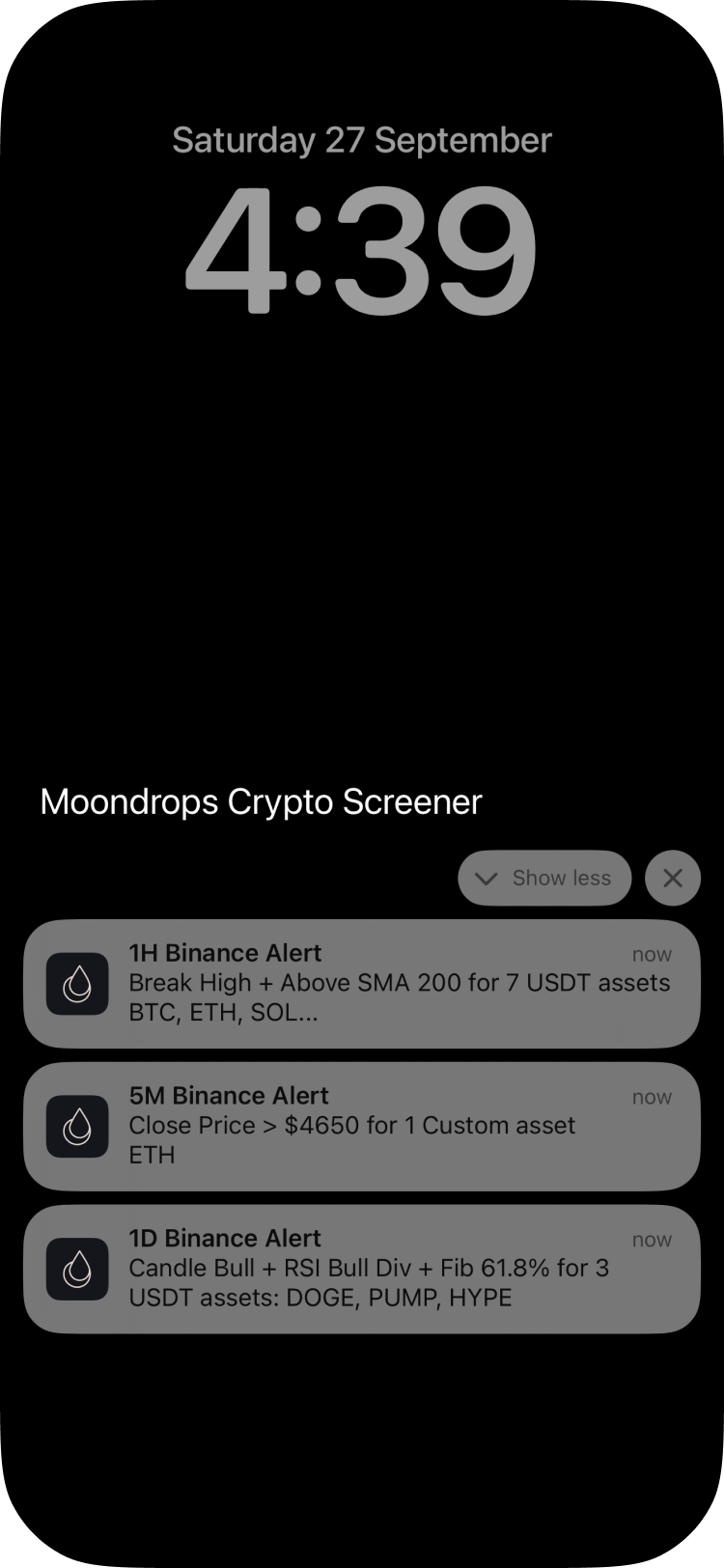 Alerts screen for strategy notifications