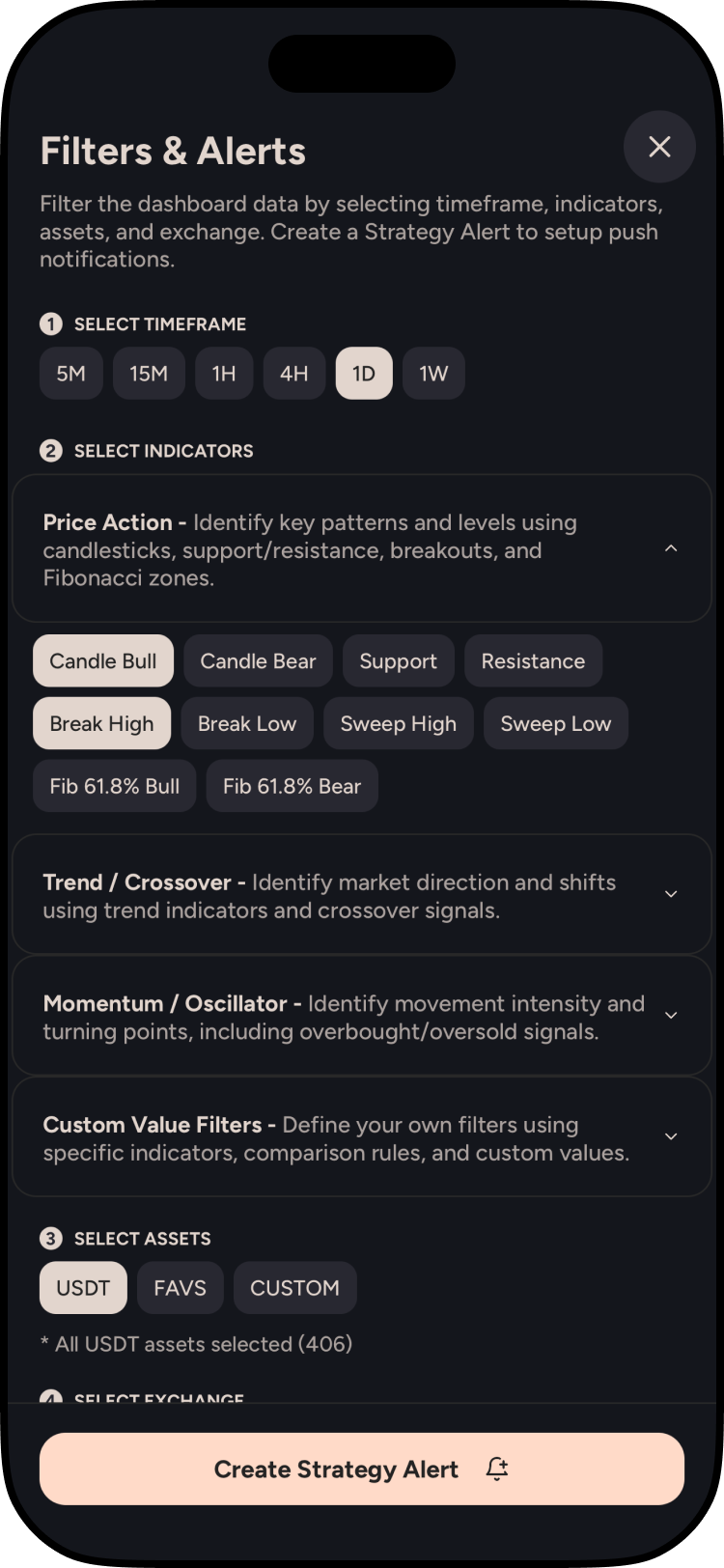 Filters screen for 40+ indicators and custom rules